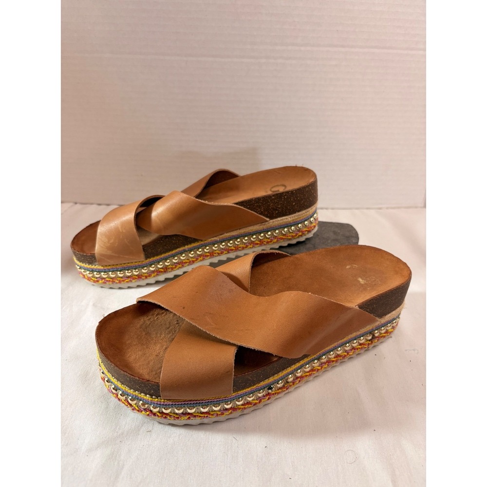 Gianni Bini Womens Tan Leather Crisscross StuddedCork PlatformSlide Sandals 5.5M - Picture 3 of 7